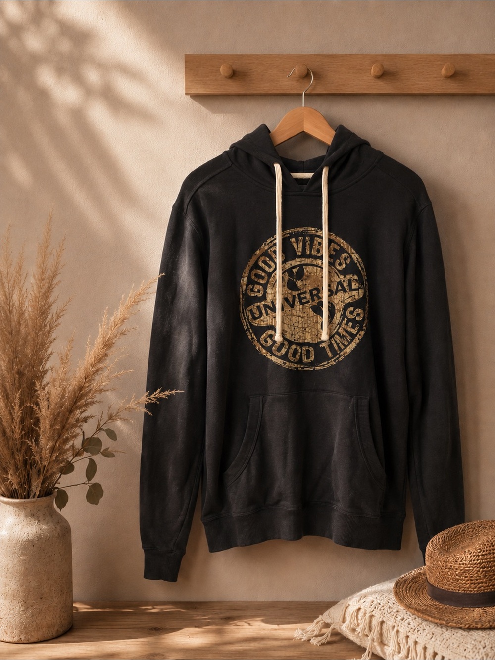 Navy Hooded Pullover Sweatshirt with Good Vibes Graphic Logo Universal Studios S